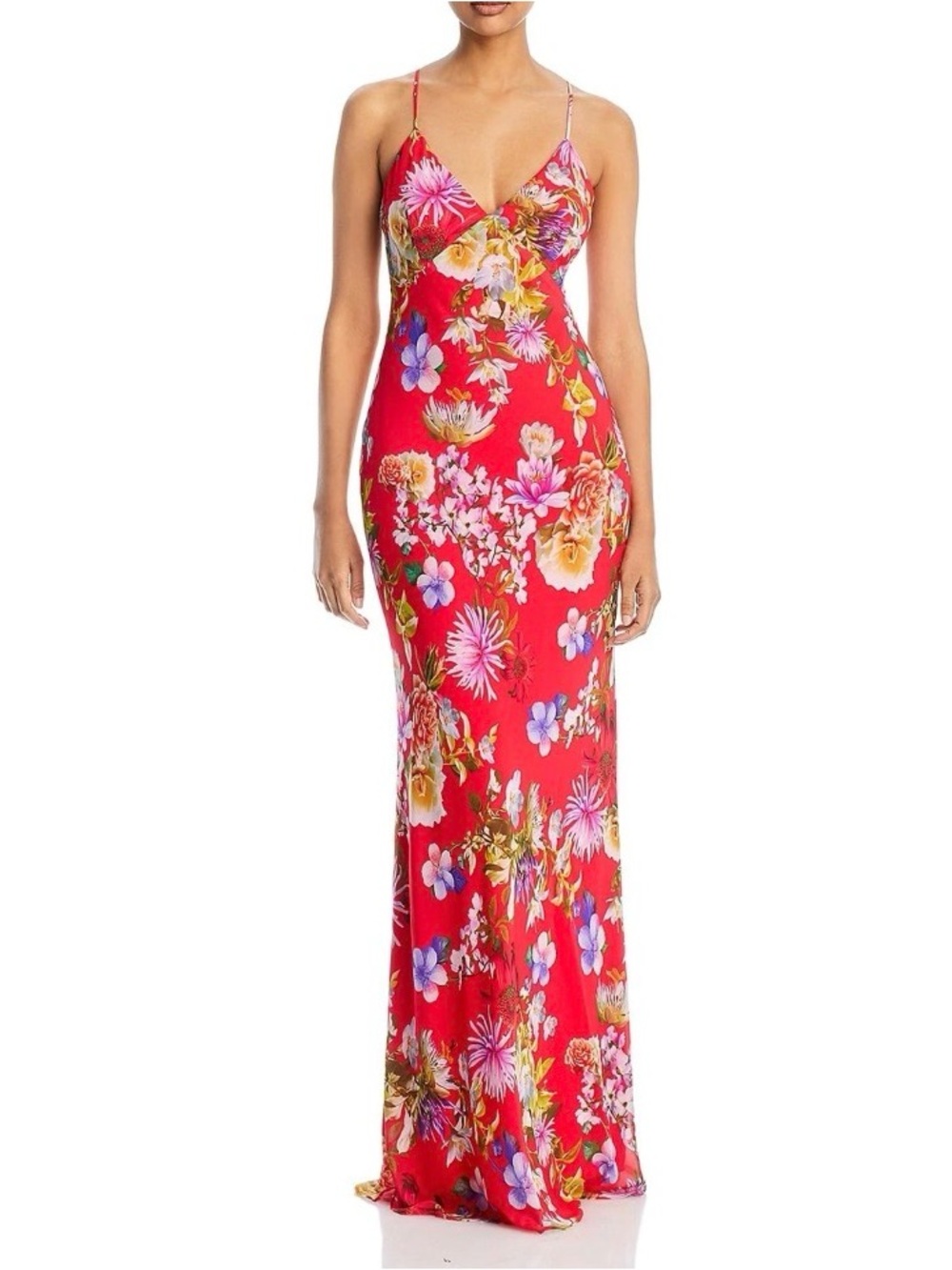 Aqua Red Floral Slip Maxi Dress with Spaghetti Straps